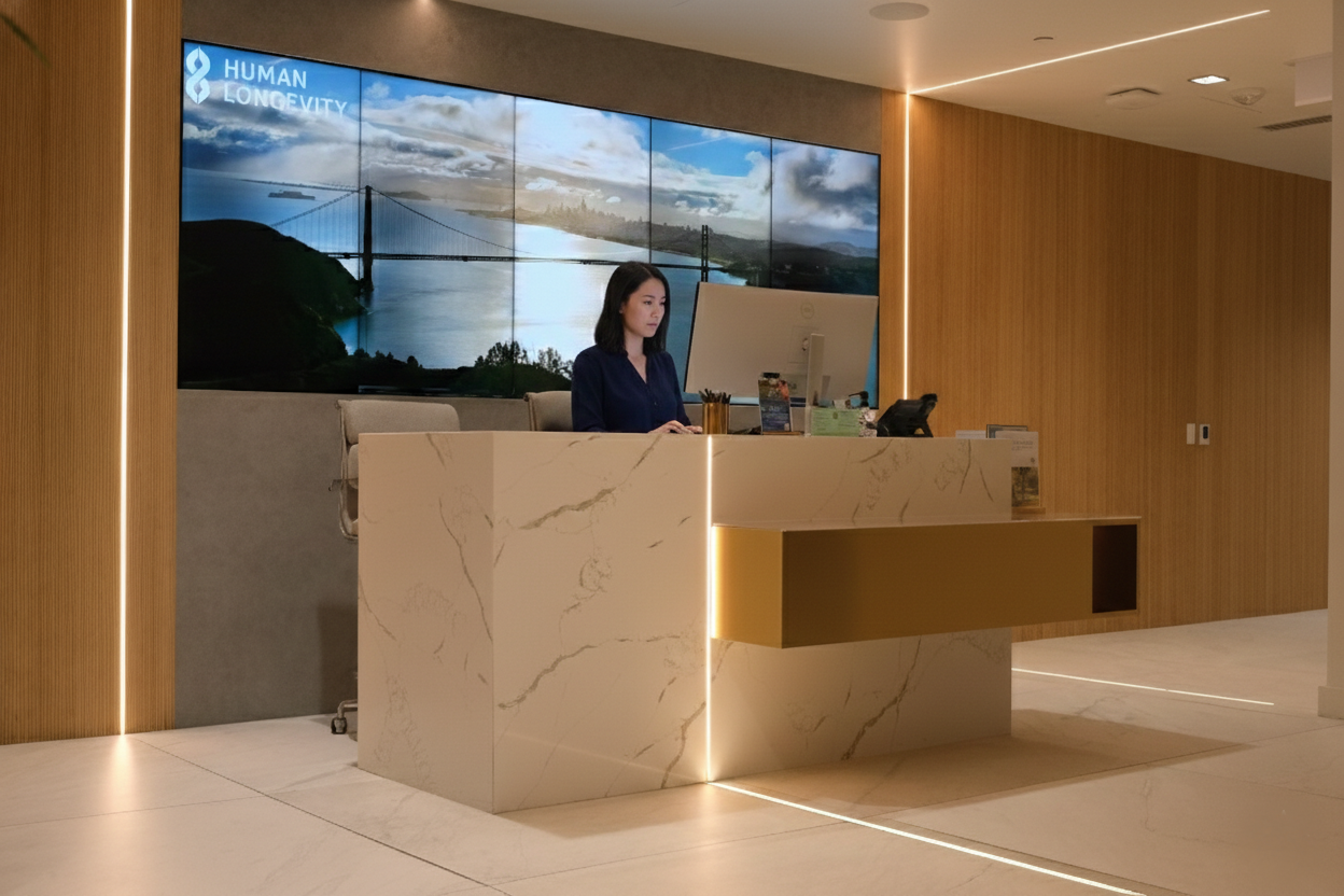 Human Longevity San Diego clinic reception area with marble desk and branded video wall